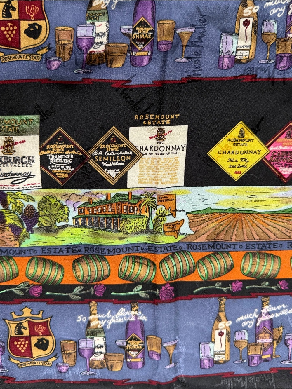 Nicole Miller Vintage 1994 Oversized Square Silk Scarf Wine Connoisseur Labels - Picture 5 of 7